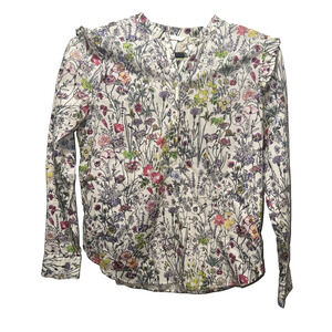 H&M Women’s Floral Long Sleeve Ruffle Blouse Cotton Cream Multicolor Size 12